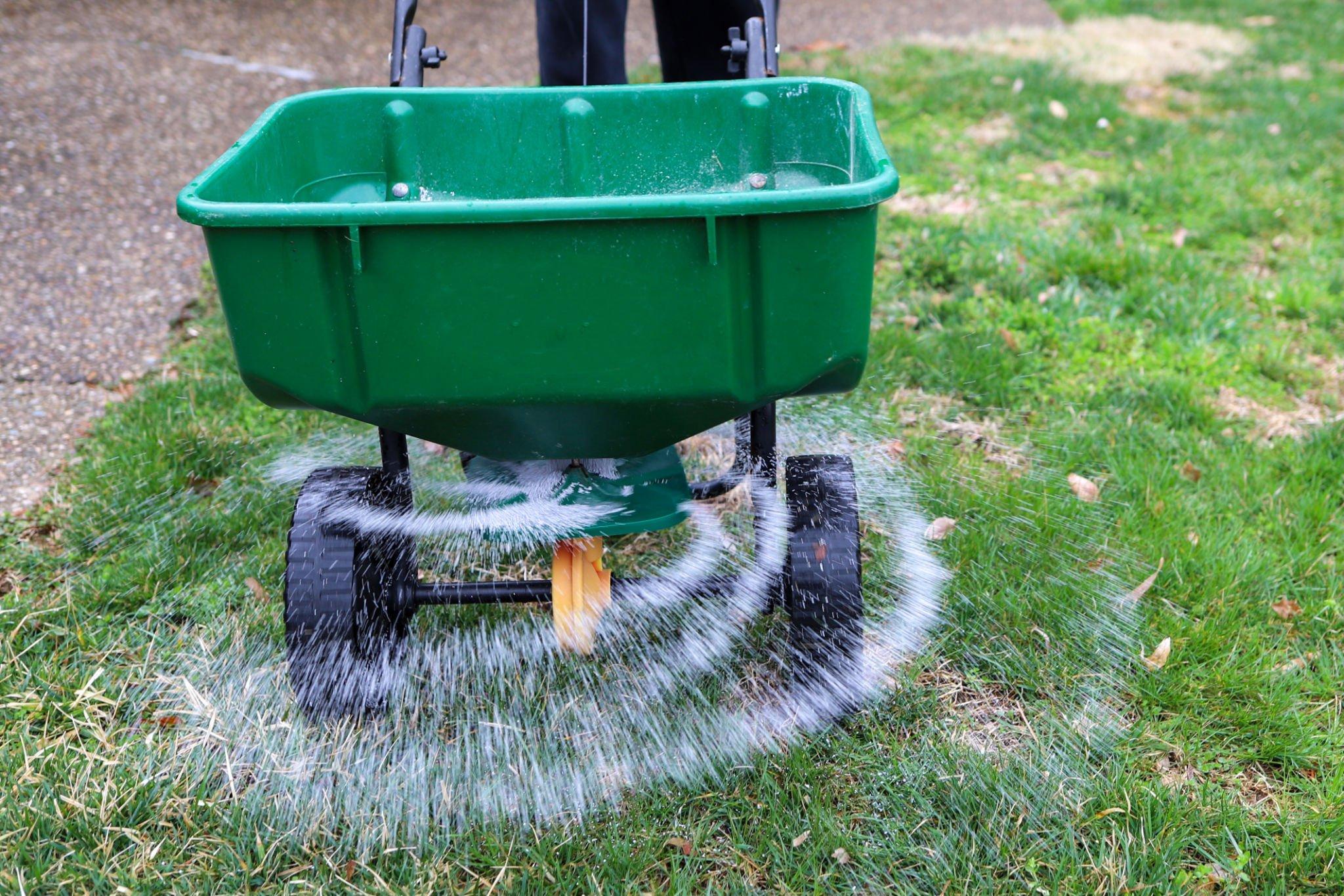 Professional using push machine to spread fertilizer on lawn in LA County