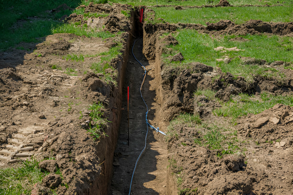 m1landscaping-frenchdrain-riverside A long, narrow trench dug in a grassy field with a buried drainage pipe for a French drain installation.