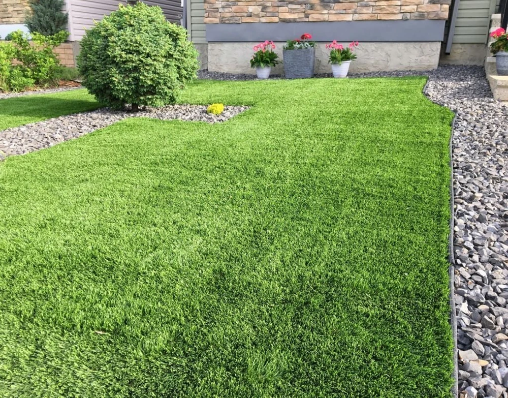 Finished shod installation with clean borders showing sod installation completed for even watering and proper rooting time.