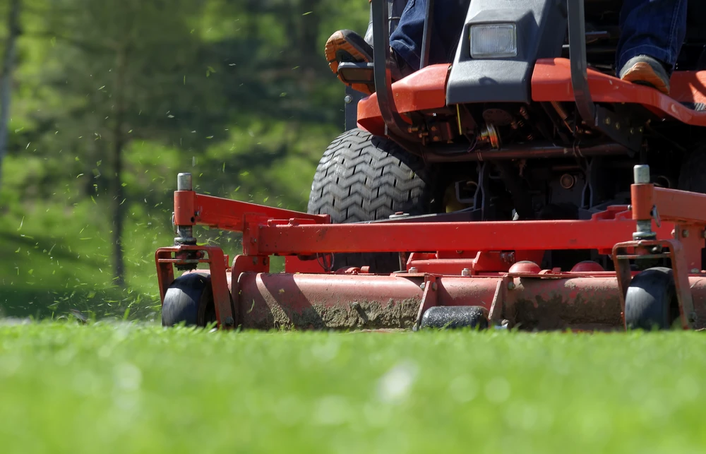 Riding mower cuts fresh grass during lawn mowing with clippings flying across the yard.